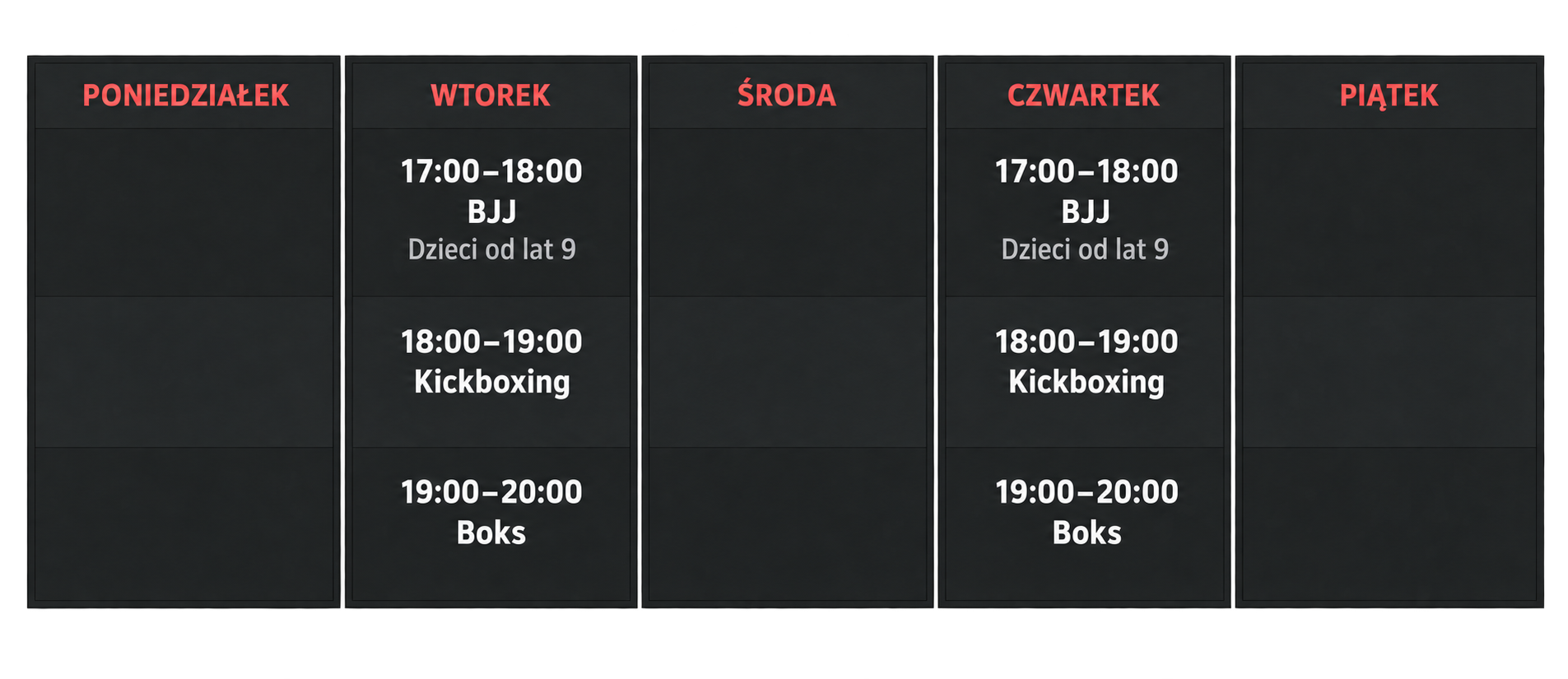 Tygodniowy grafik BJJ, kickboxingu i boksu